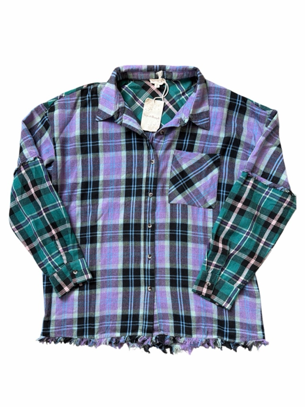 Hem & Thread Plaid Flannel Shirt Purple Green Frayed Hem Size M NWT - Picture 2 of 4